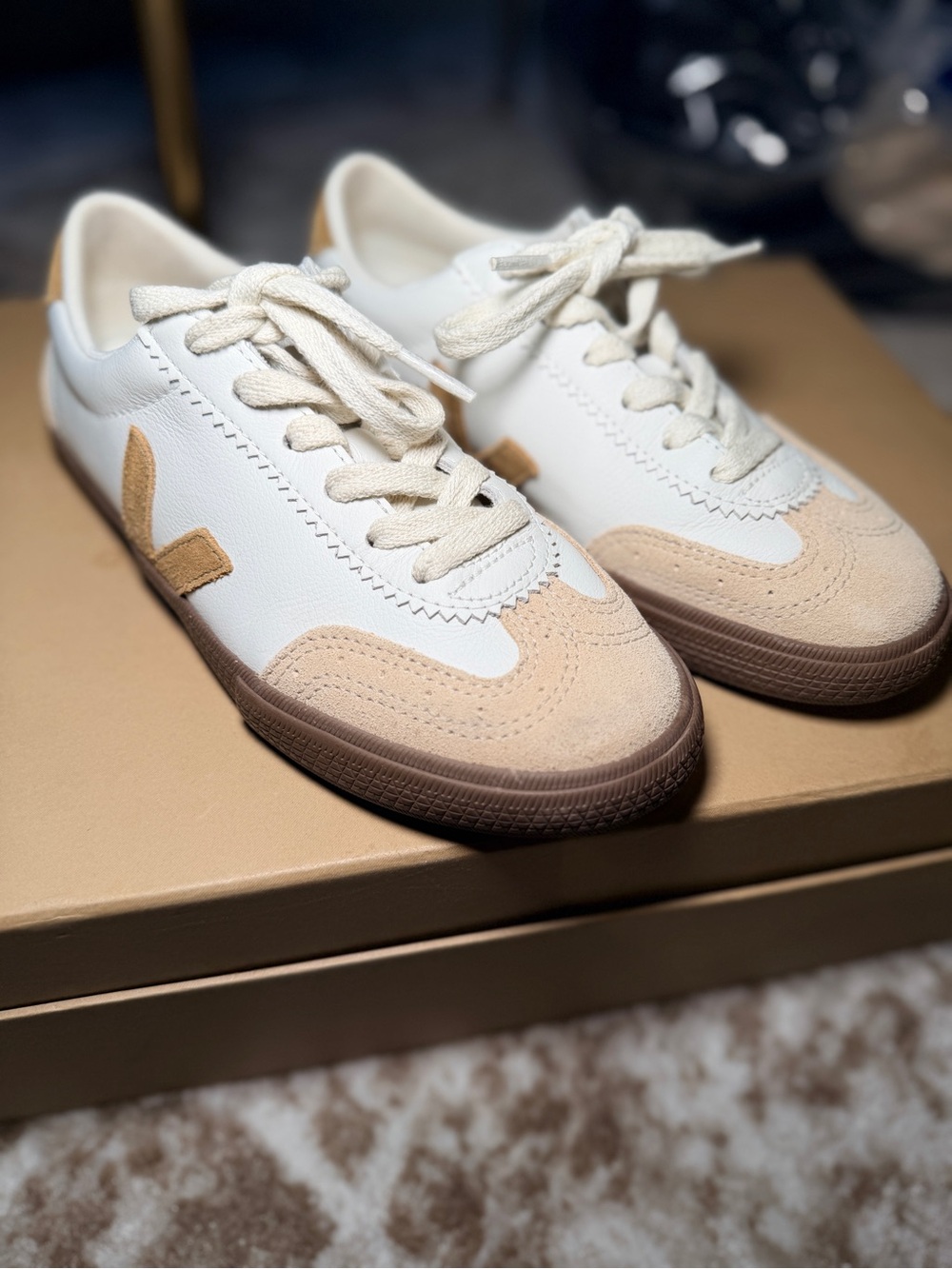 Veja Women's White and Beige V-10 Retro Sneakers